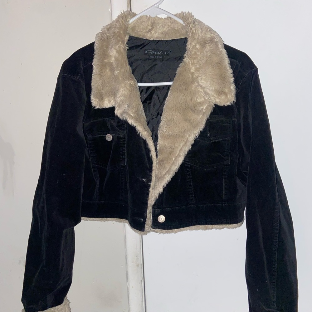Black Corduroy Jacket With Faux Fur Collar S